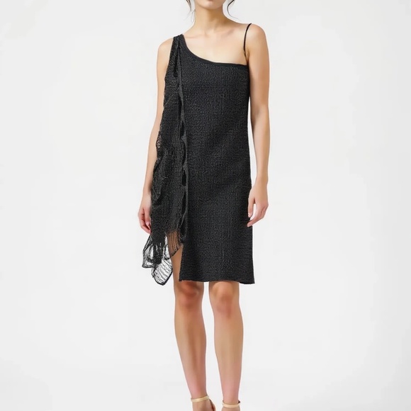 BEBE One Shoulder Fringe Metallic Midi Dress Black Petite Small - Picture 1 of 5